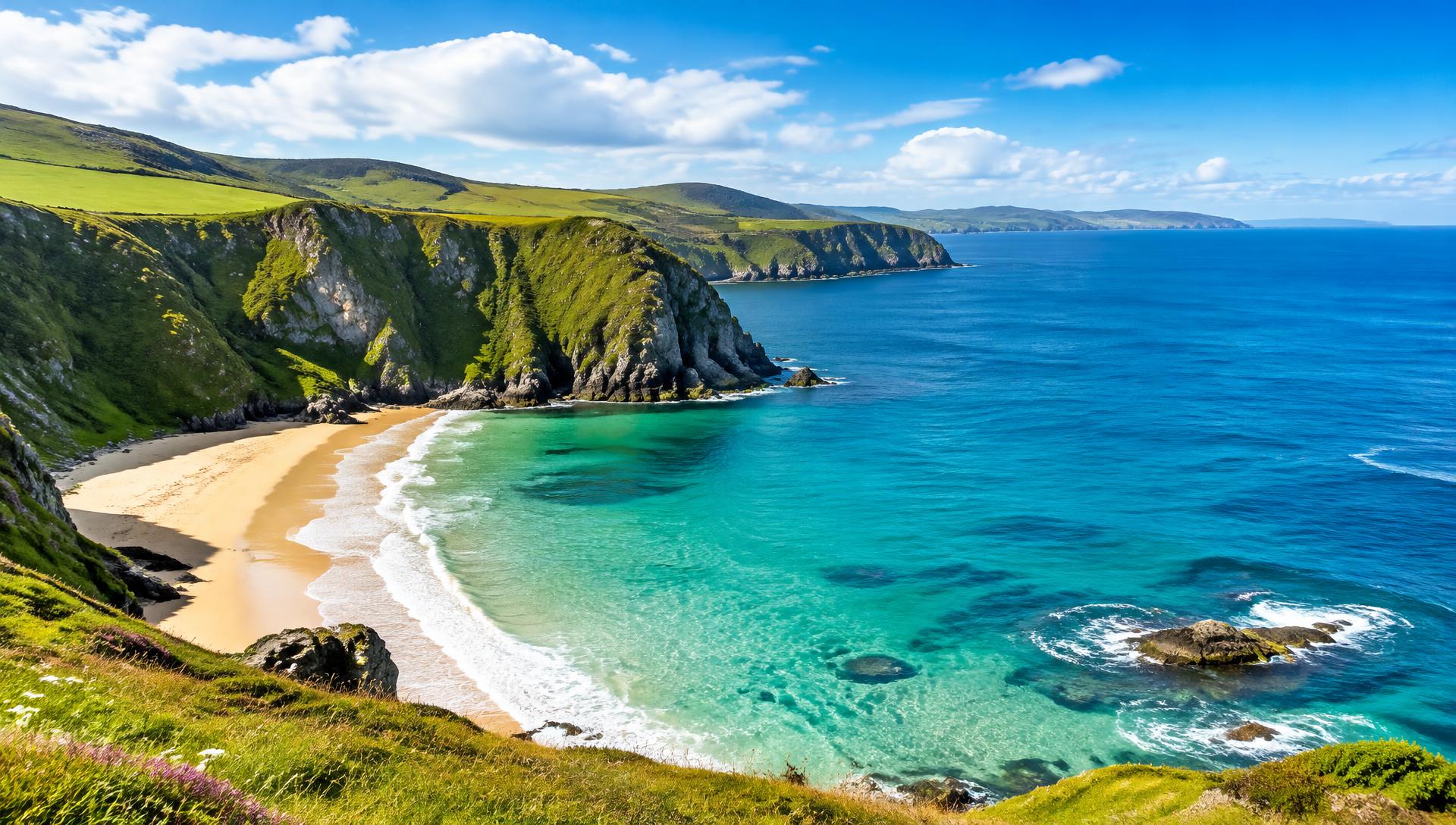 A bright Donegal bay with turquoise water and green cliffs