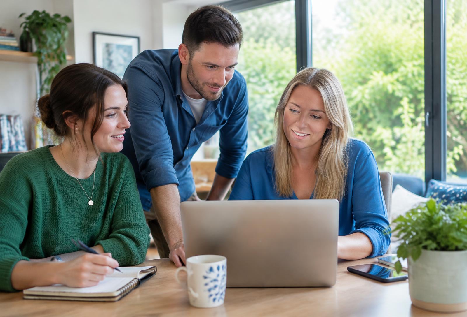 Illustrative young adult professionals collaborating in a bright workspace