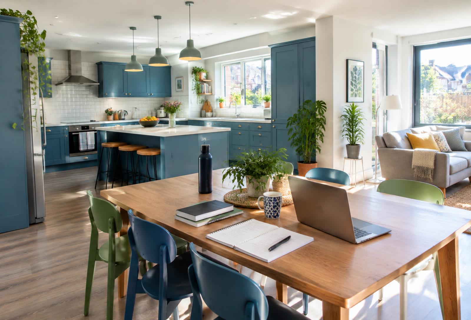 Illustrative shared residential kitchen with space for study and everyday living